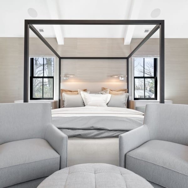 Black Windows and Vaulted Ceiling in Primary Bedroom